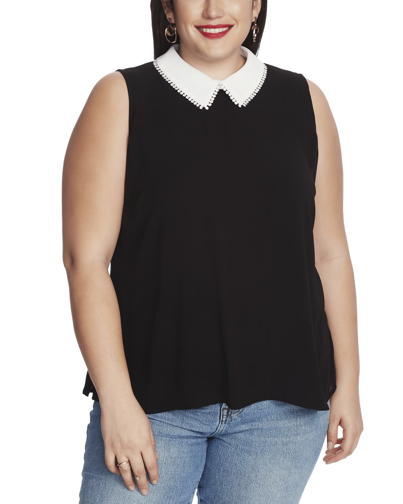 Front of a model wearing a size 1X Magnolia Sleeveless Collared Blouse in 060-RICH BLACK by CeCe. | dia_product_style_image_id:263443